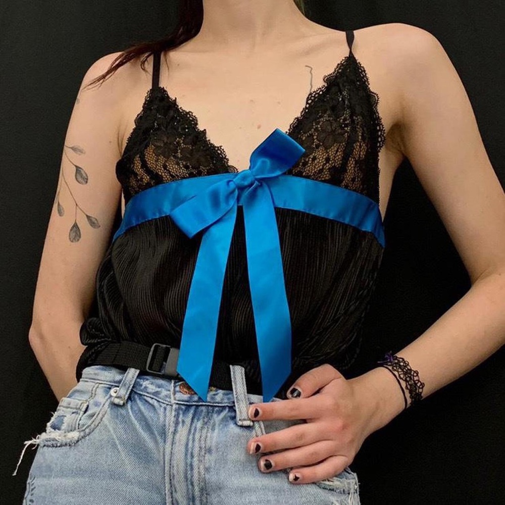 Sheer black whimsical goth babydoll with blue bow and pleated bodice top